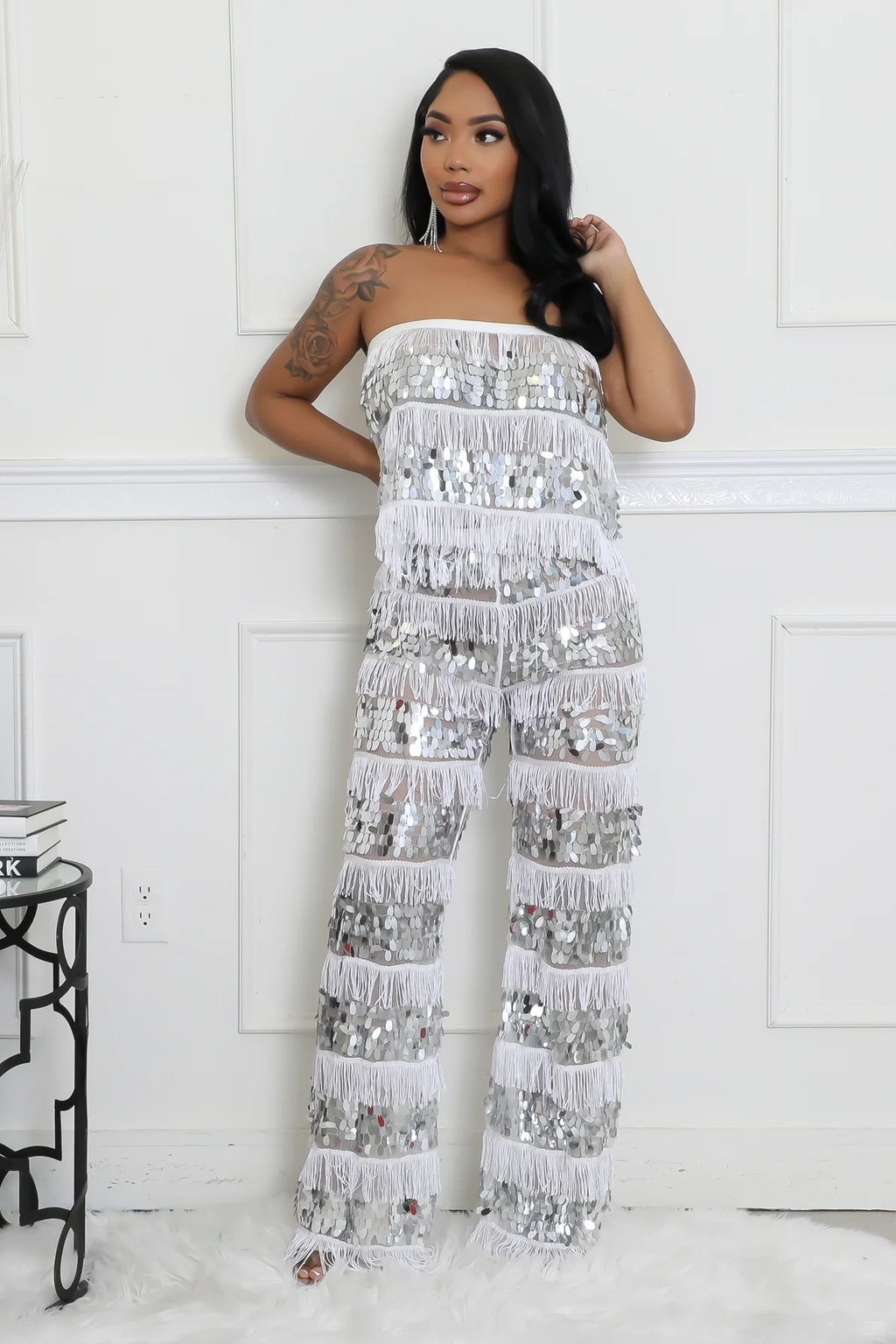 SHARLENE WHITE/SILVER MESH STRAPLESS CROP TOP & PANTS SET