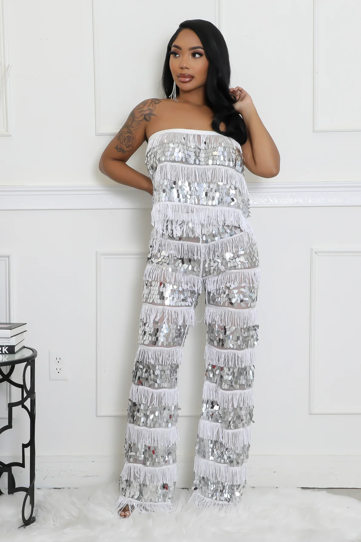SHARLENE WHITE/SILVER MESH STRAPLESS CROP TOP & PANTS SET