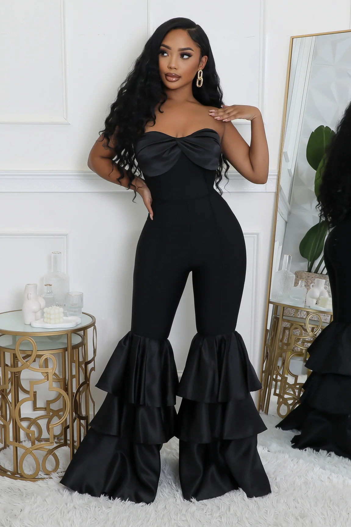 TABITHA BLACK STRAPLESS RUFFLE LEG JUMPSUIT