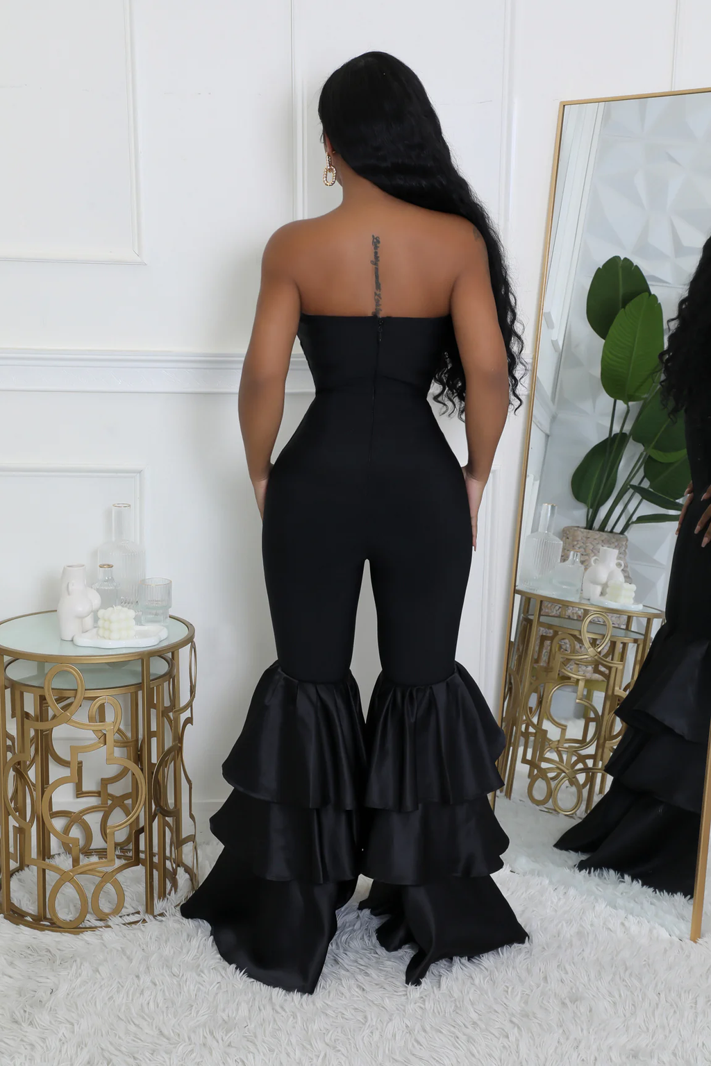 TABITHA BLACK STRAPLESS RUFFLE LEG JUMPSUIT