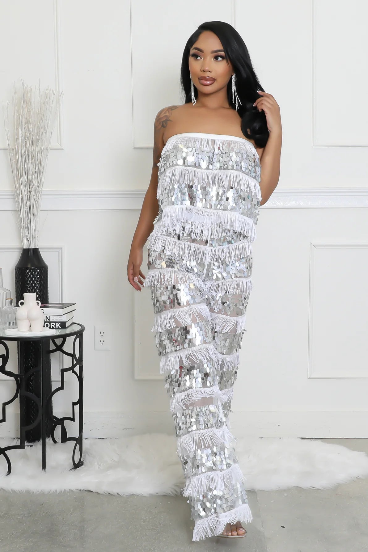 SHARLENE WHITE/SILVER MESH STRAPLESS CROP TOP & PANTS SET