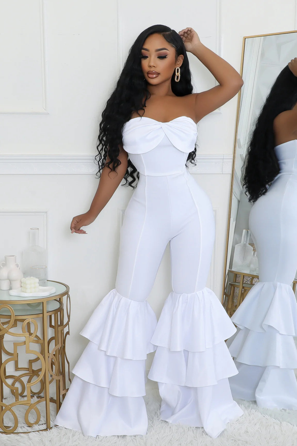 TABITHA WHITE STRAPLESS RUFFLE LEG JUMPSUIT