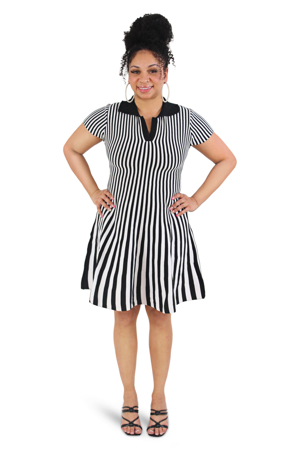 Lenora Black & White Stripe Knit Midi Dress