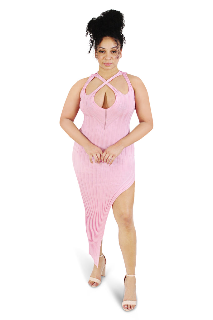 Eva Pink Knit Keyhole Side Slit Midi Dress