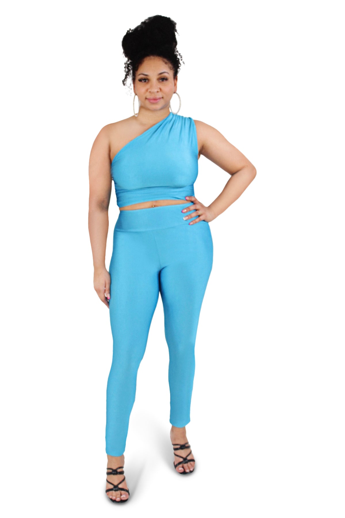 Blue One Shoulder Crop Top & Leggings Set