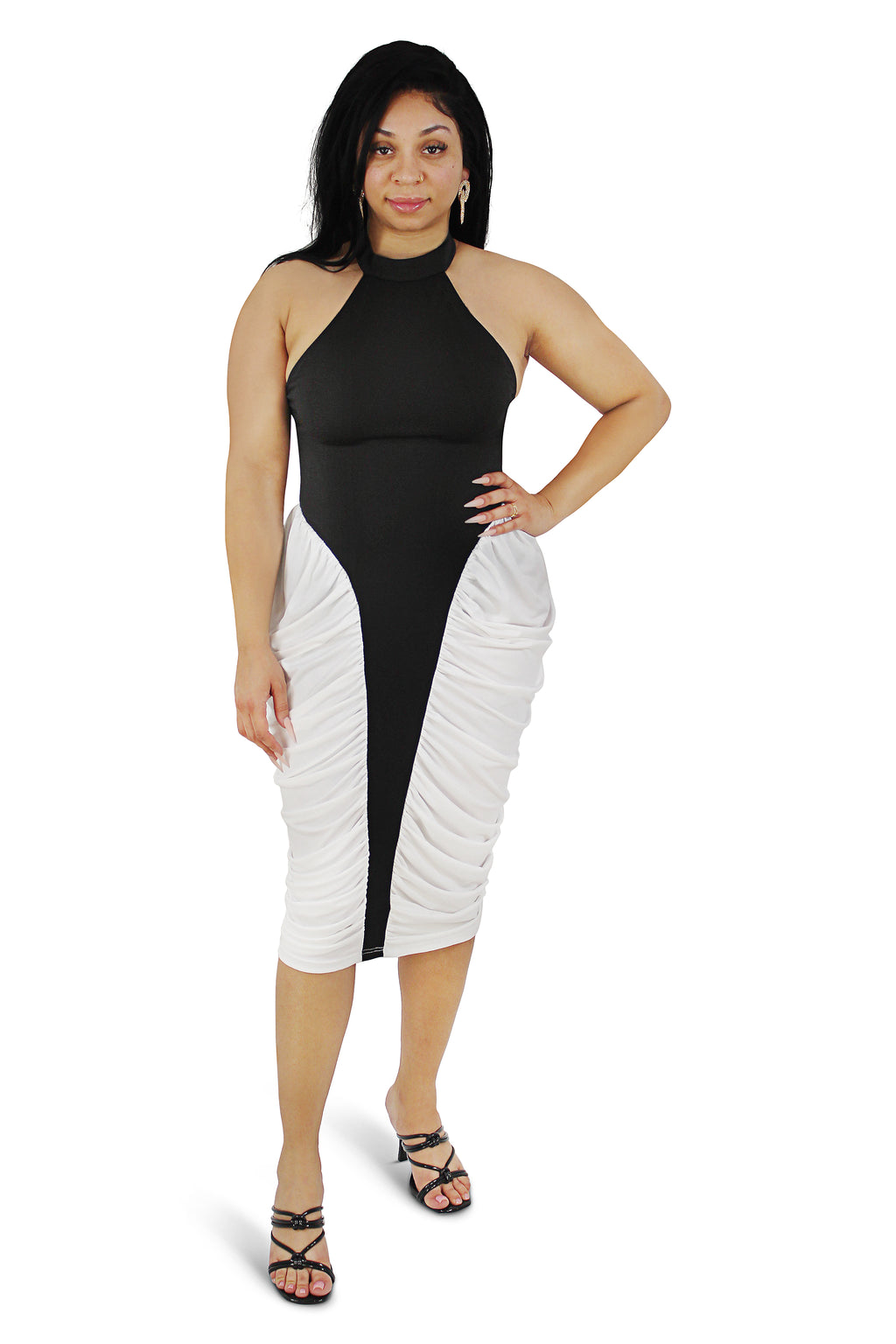 Libby White/Black Contrast Patchwork Midi Dress