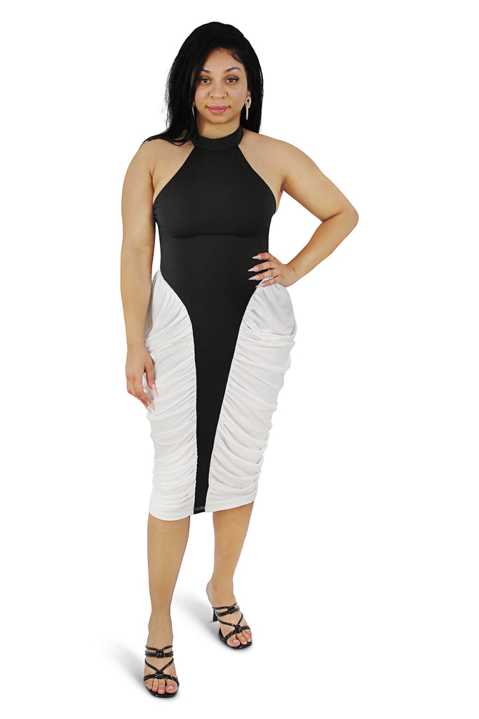 Libby White/Black Contrast Patchwork Midi Dress