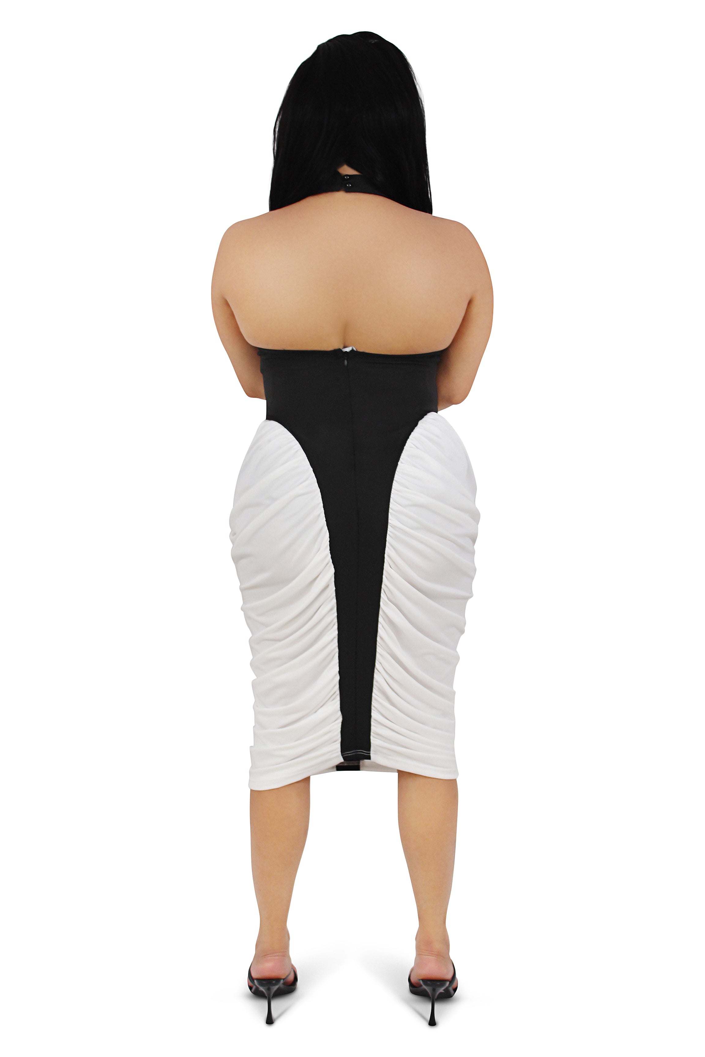 Libby White/Black Contrast Patchwork Midi Dress