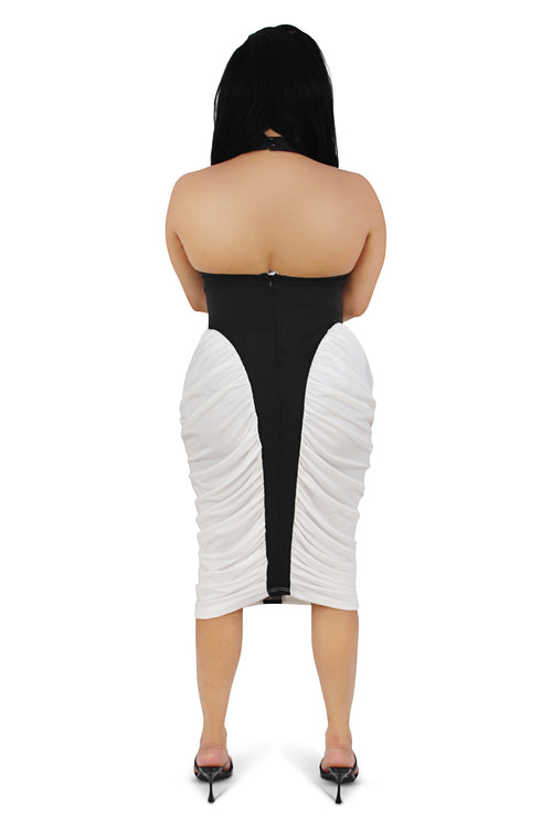 Libby White/Black Contrast Patchwork Midi Dress