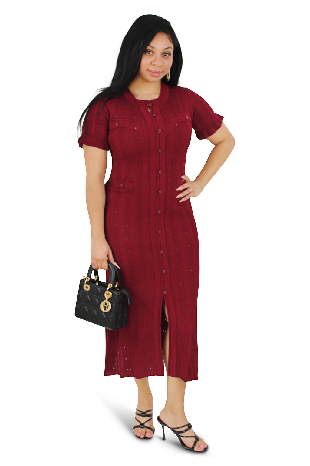 Drew Burgundy Round Neck Knit Midi Dress
