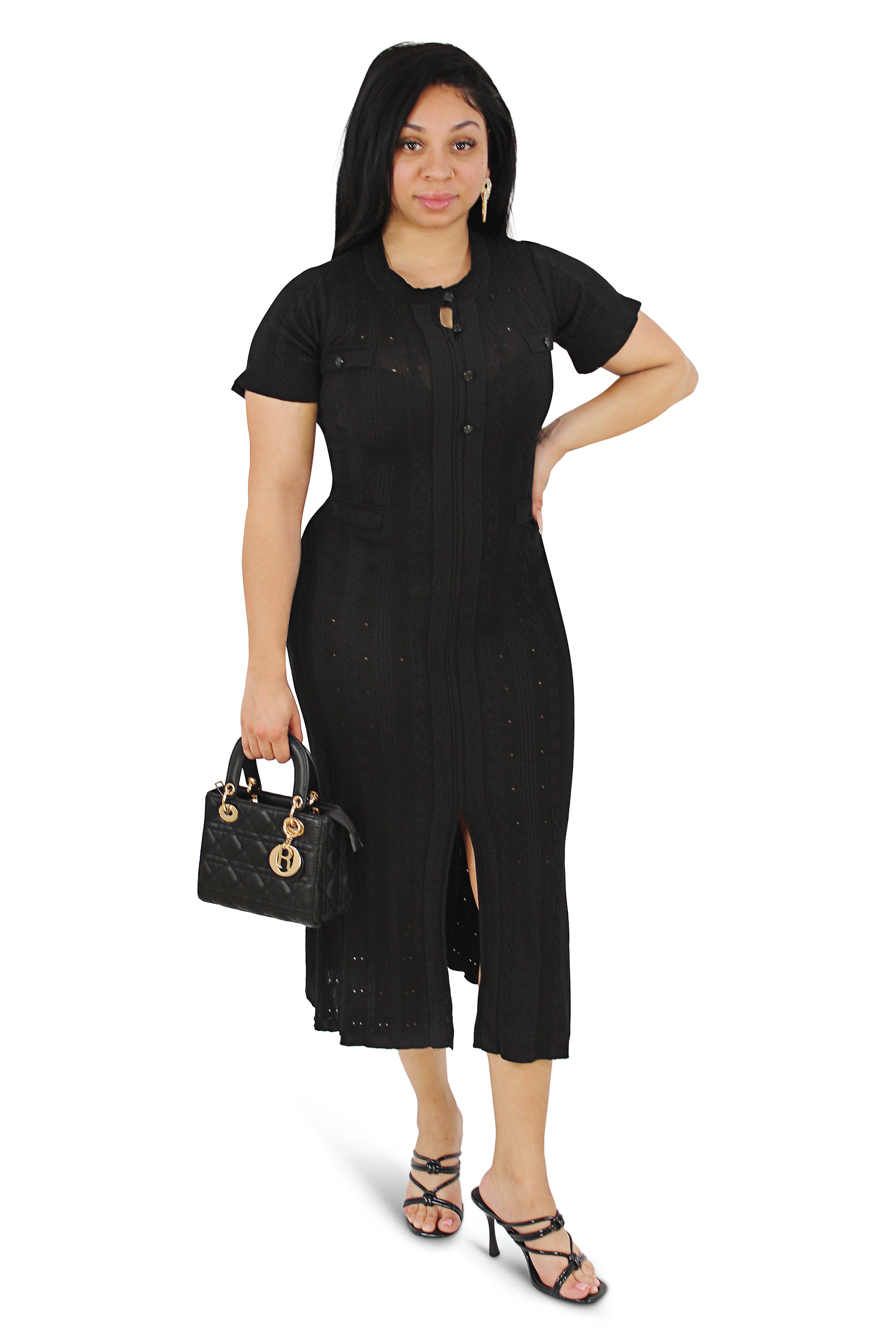 Drew Black Round Neck Knit Midi Dress