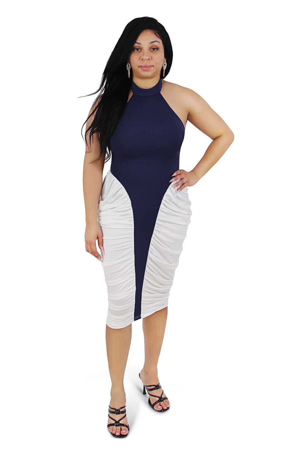 Libby White/Navy Blue Contrast Patchwork Midi Dress