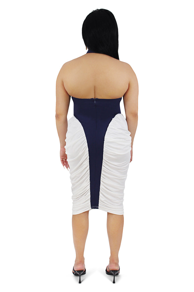 Libby White/Navy Blue Contrast Patchwork Midi Dress