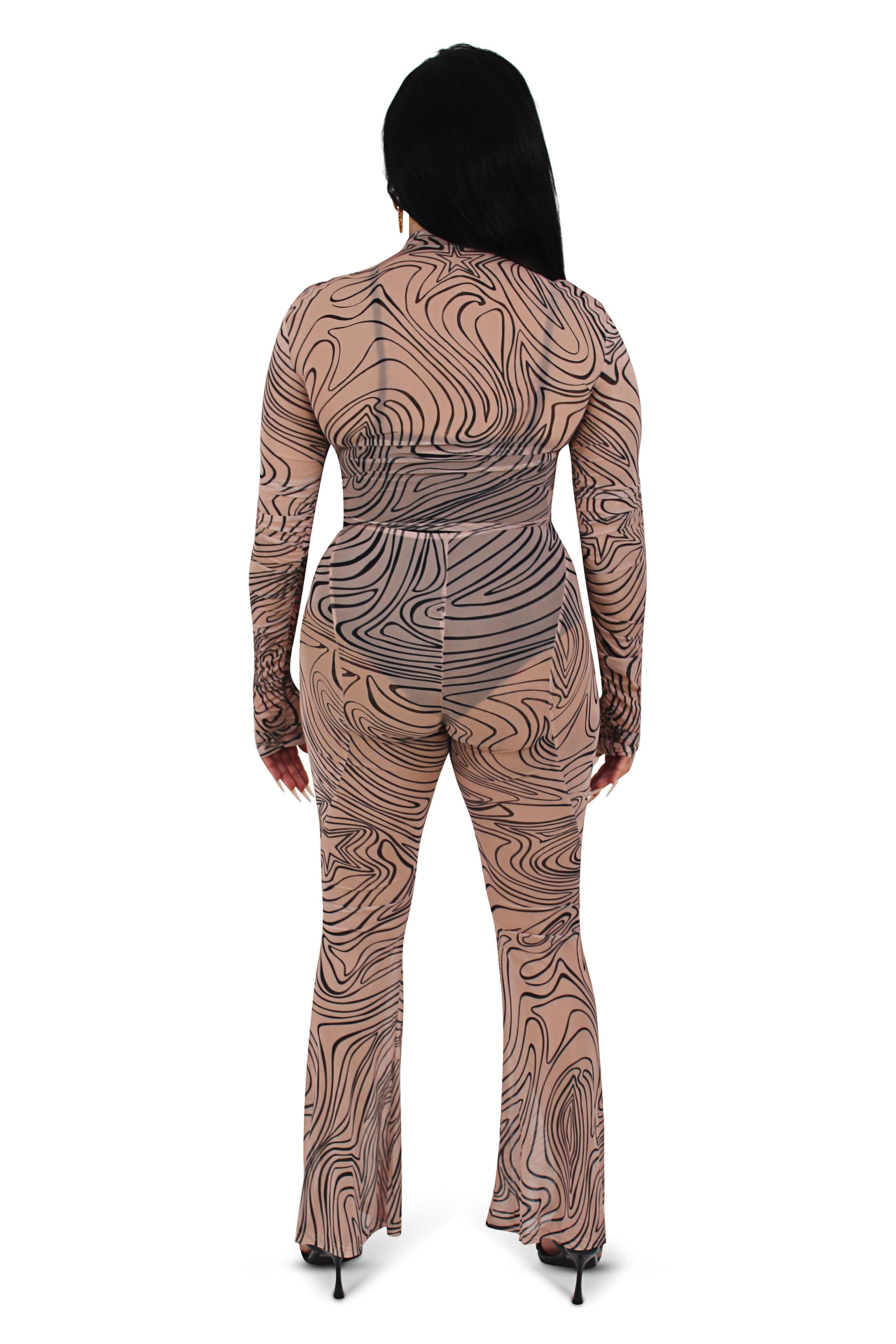 Brown Mesh Abstract Print Pant Set