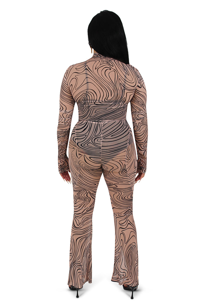 Brown Mesh Abstract Print Pant Set