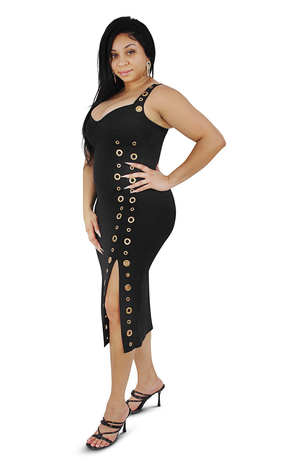 Kendra Black Gold Grommet Midi Dress
