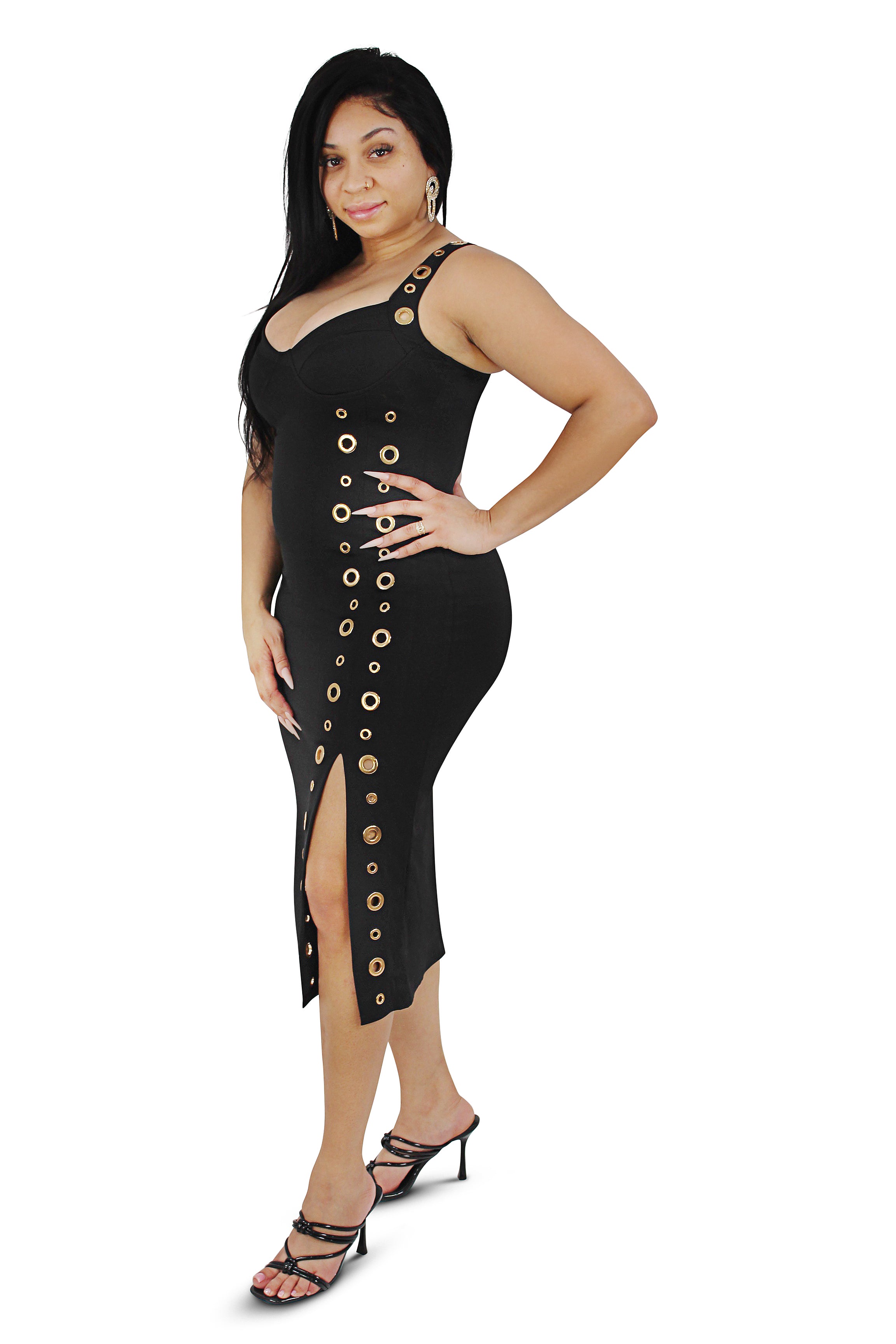 Kendra Black Gold Grommet Midi Dress