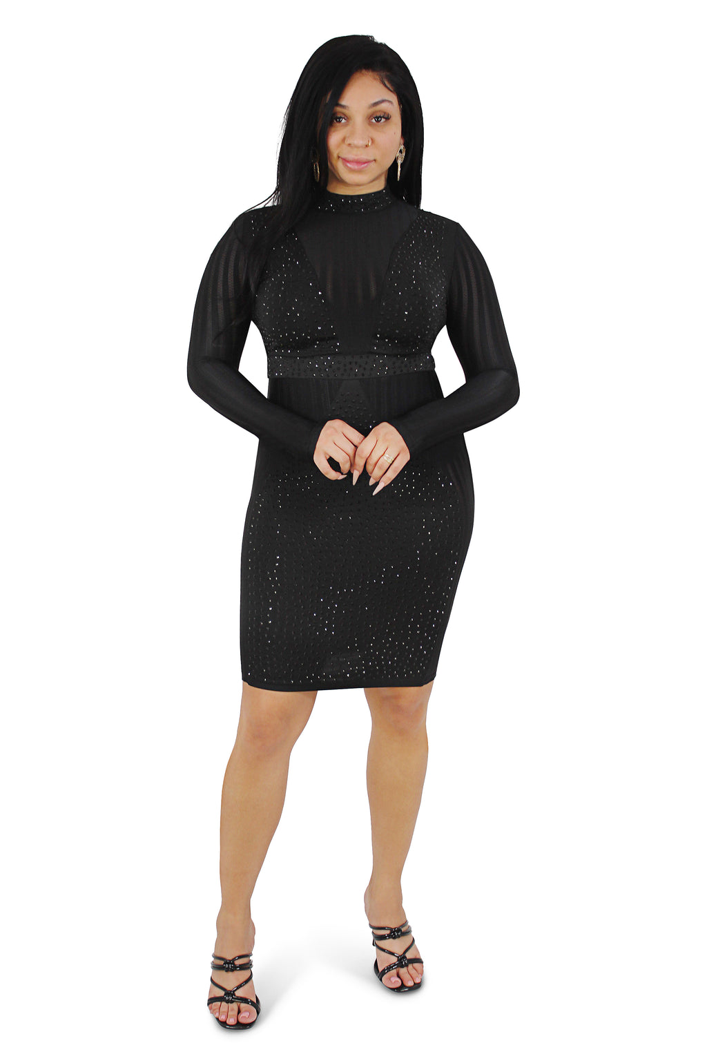 Nadia Black Studded Long Sleeve Midi Dress