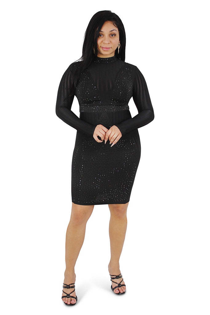 Nadia Black Studded Long Sleeve Midi Dress