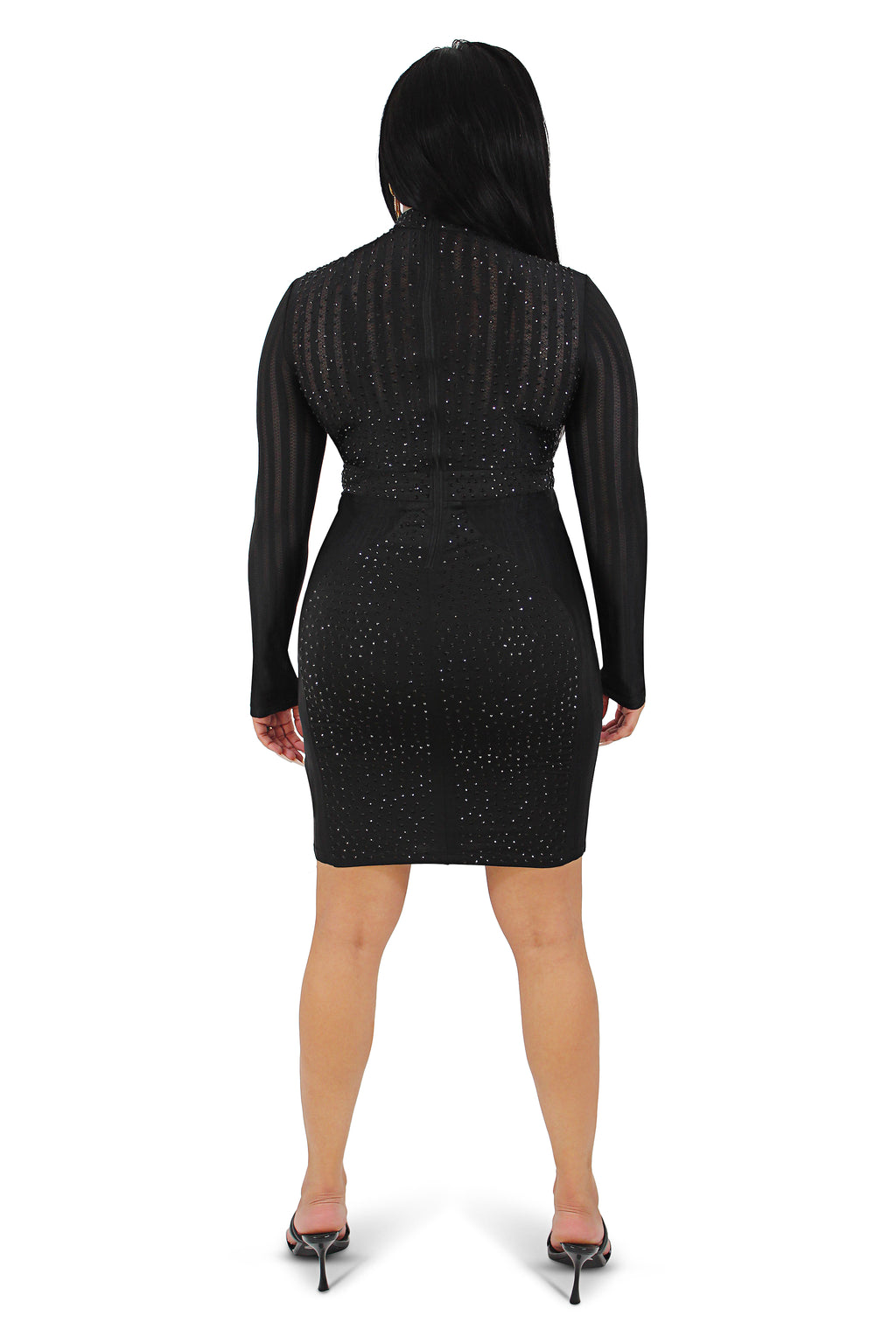 Nadia Black Studded Long Sleeve Midi Dress