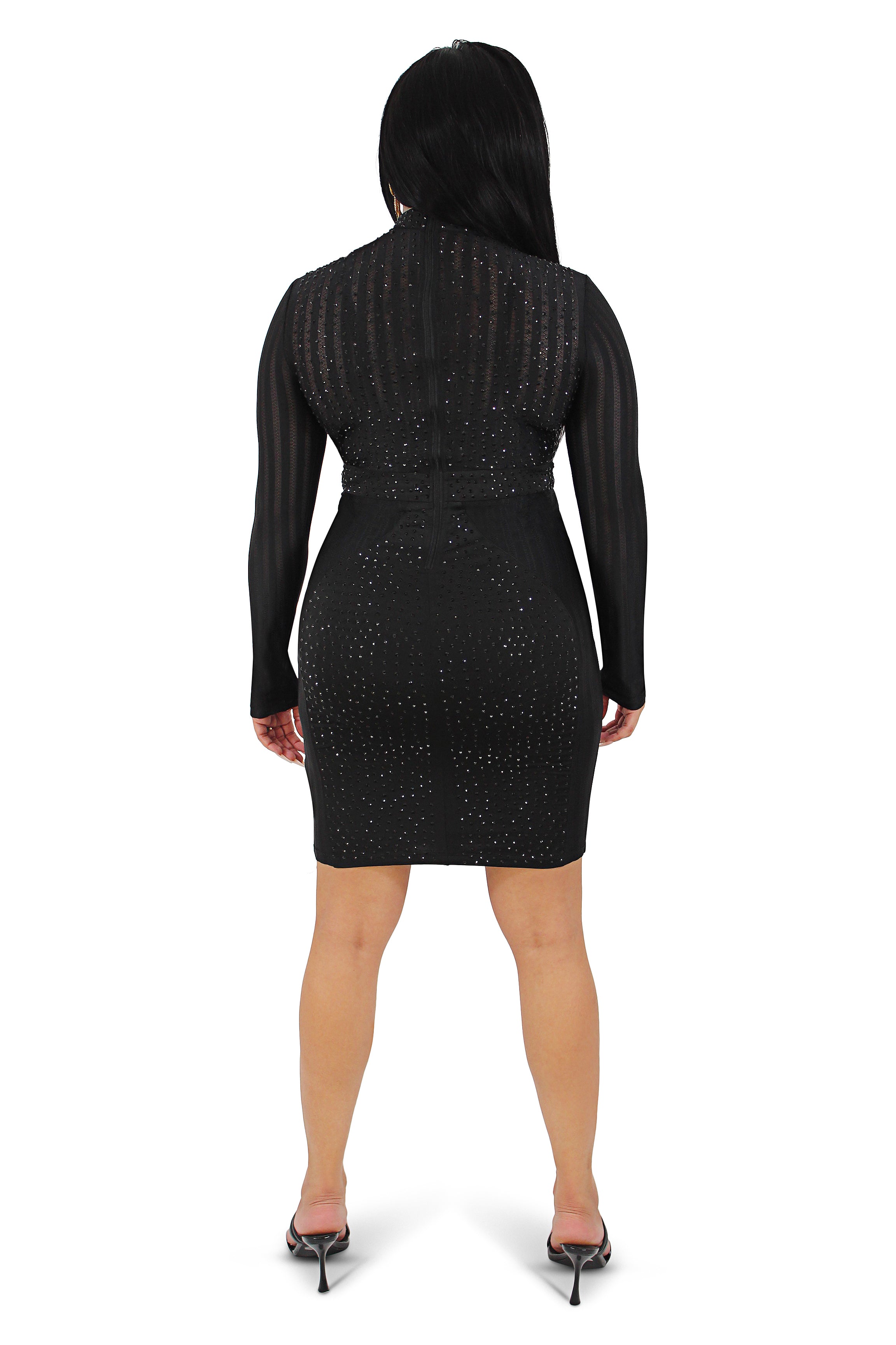 Nadia Black Studded Long Sleeve Midi Dress