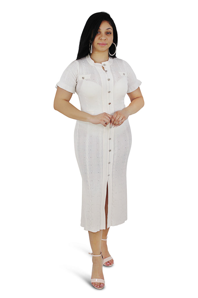 Drew White Round Neck Knit Midi Dress