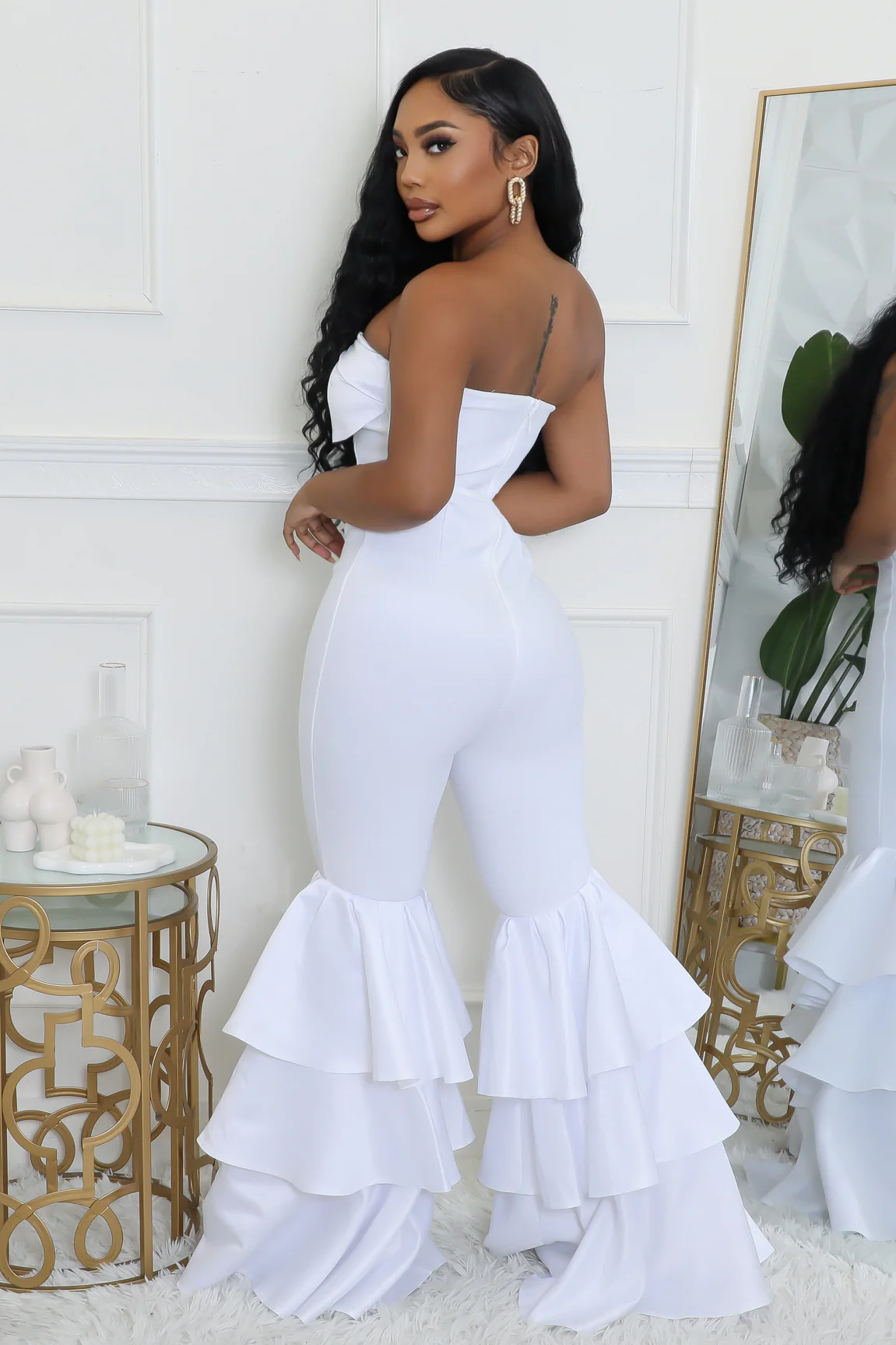 TABITHA WHITE STRAPLESS RUFFLE LEG JUMPSUIT
