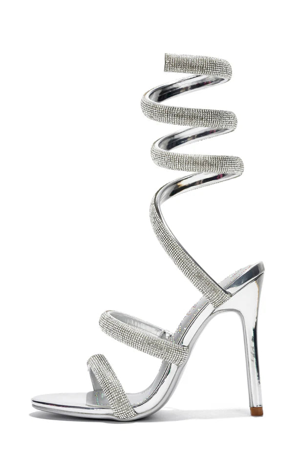 Dyana Silver Wraparound Strappy Heels