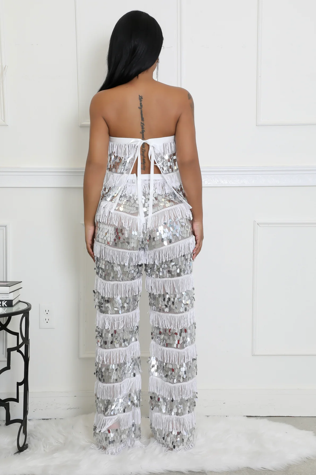 SHARLENE WHITE/SILVER MESH STRAPLESS CROP TOP & PANTS SET