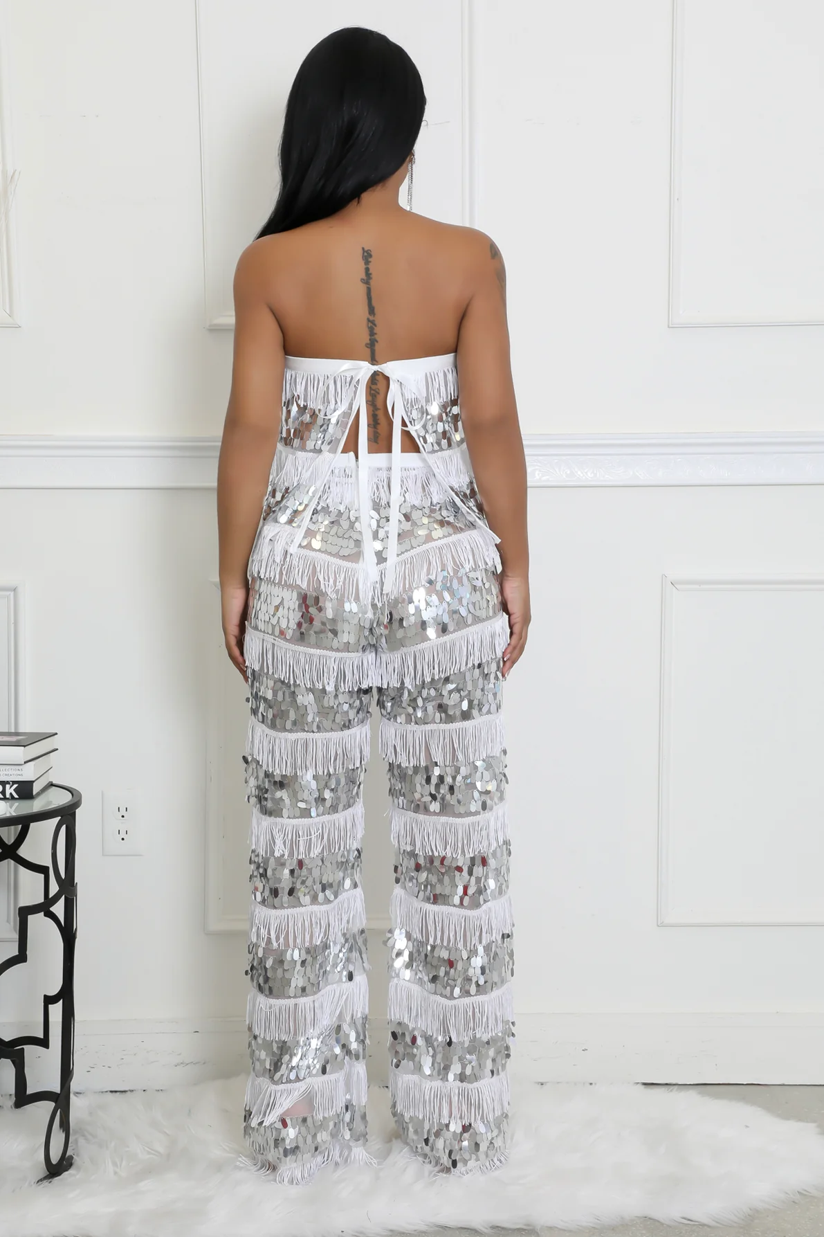 SHARLENE WHITE/SILVER MESH STRAPLESS CROP TOP & PANTS SET