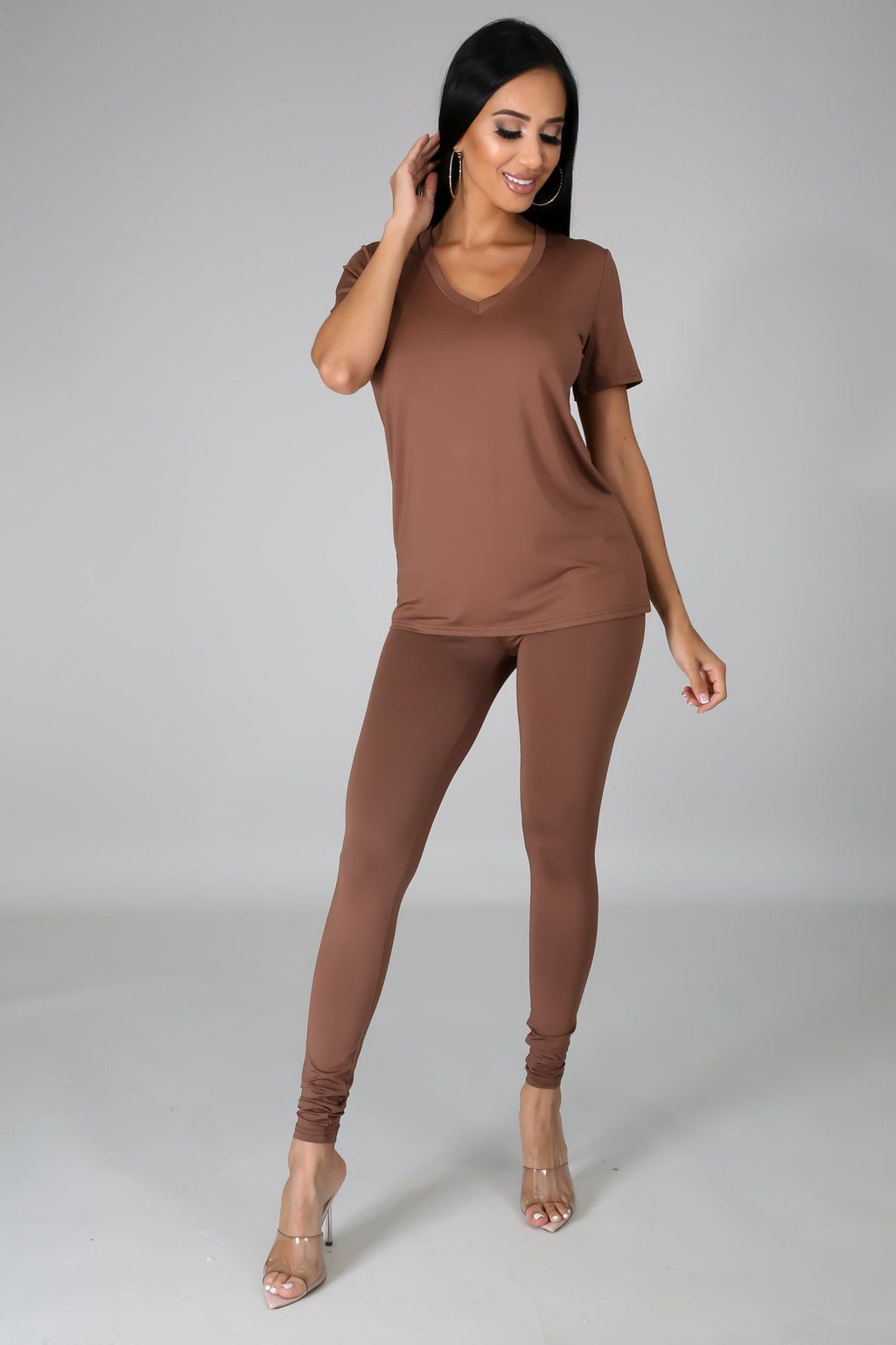 Nova Taupe Jersey V-Neck Top & Legging Set