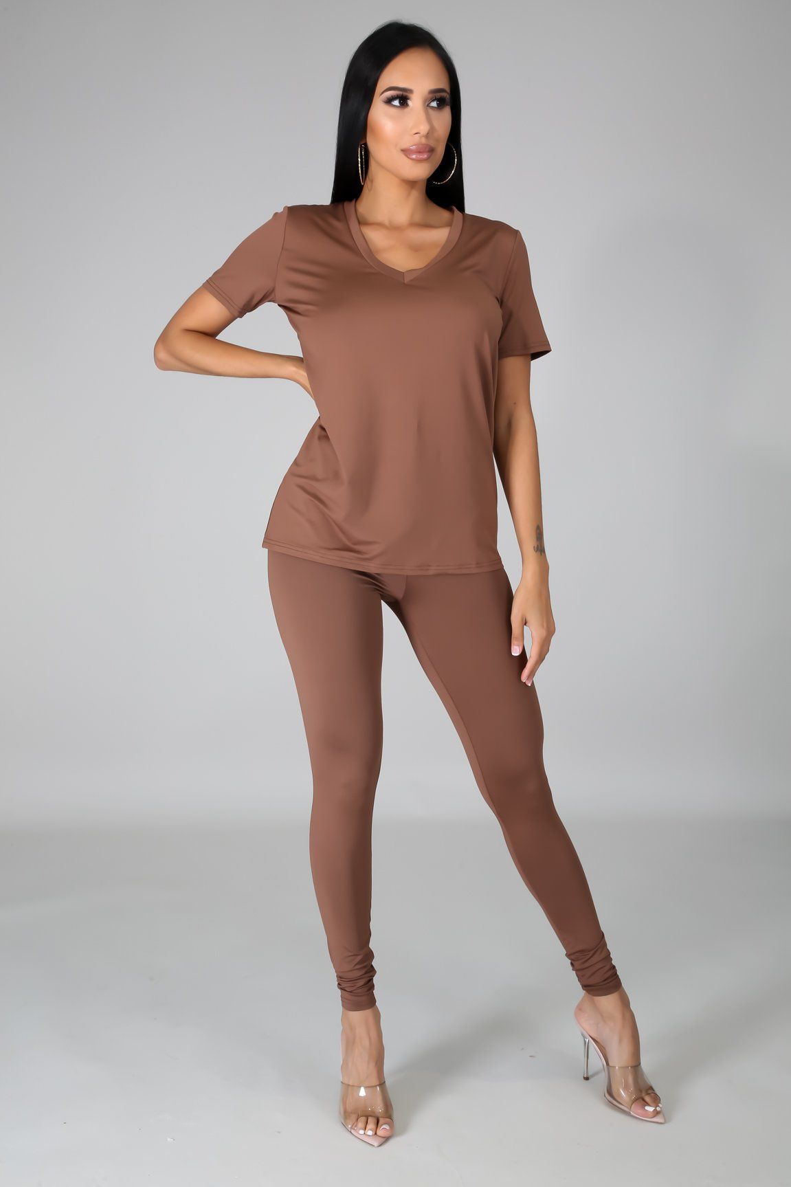 Nova Taupe Jersey V-Neck Top & Legging Set