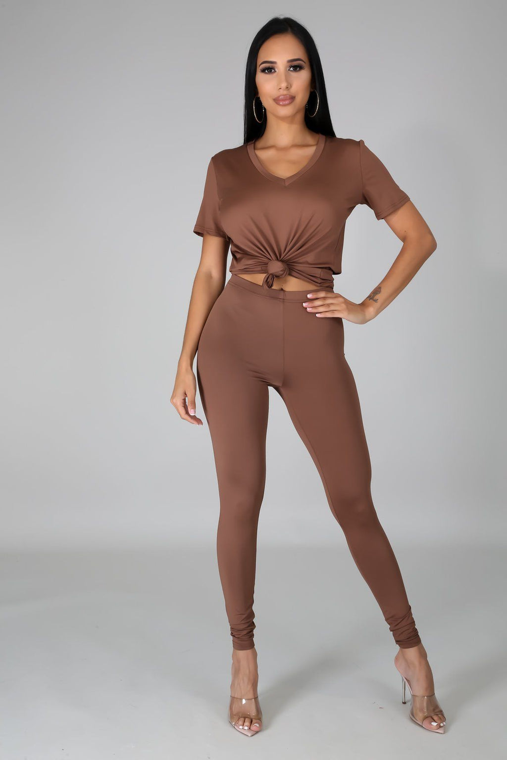 Nova Taupe Jersey V-Neck Top & Legging Set