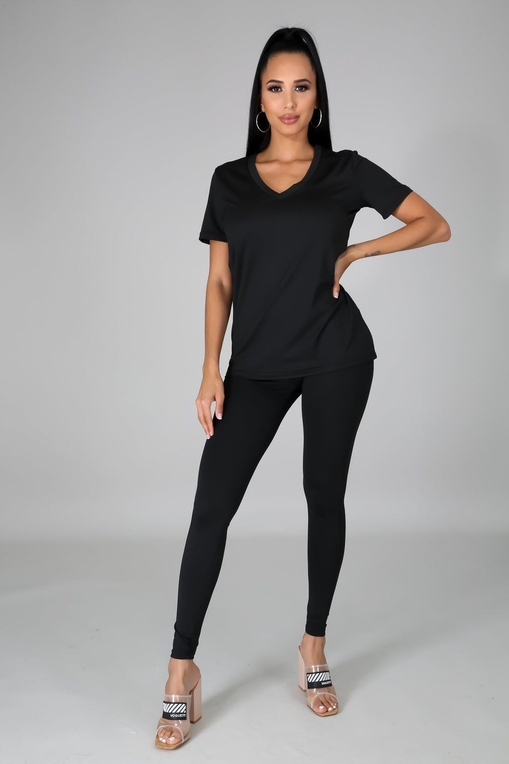Nova Black Jersey V-Neck Top & Legging Set