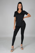 Nova Black Jersey V-Neck Top & Legging Set