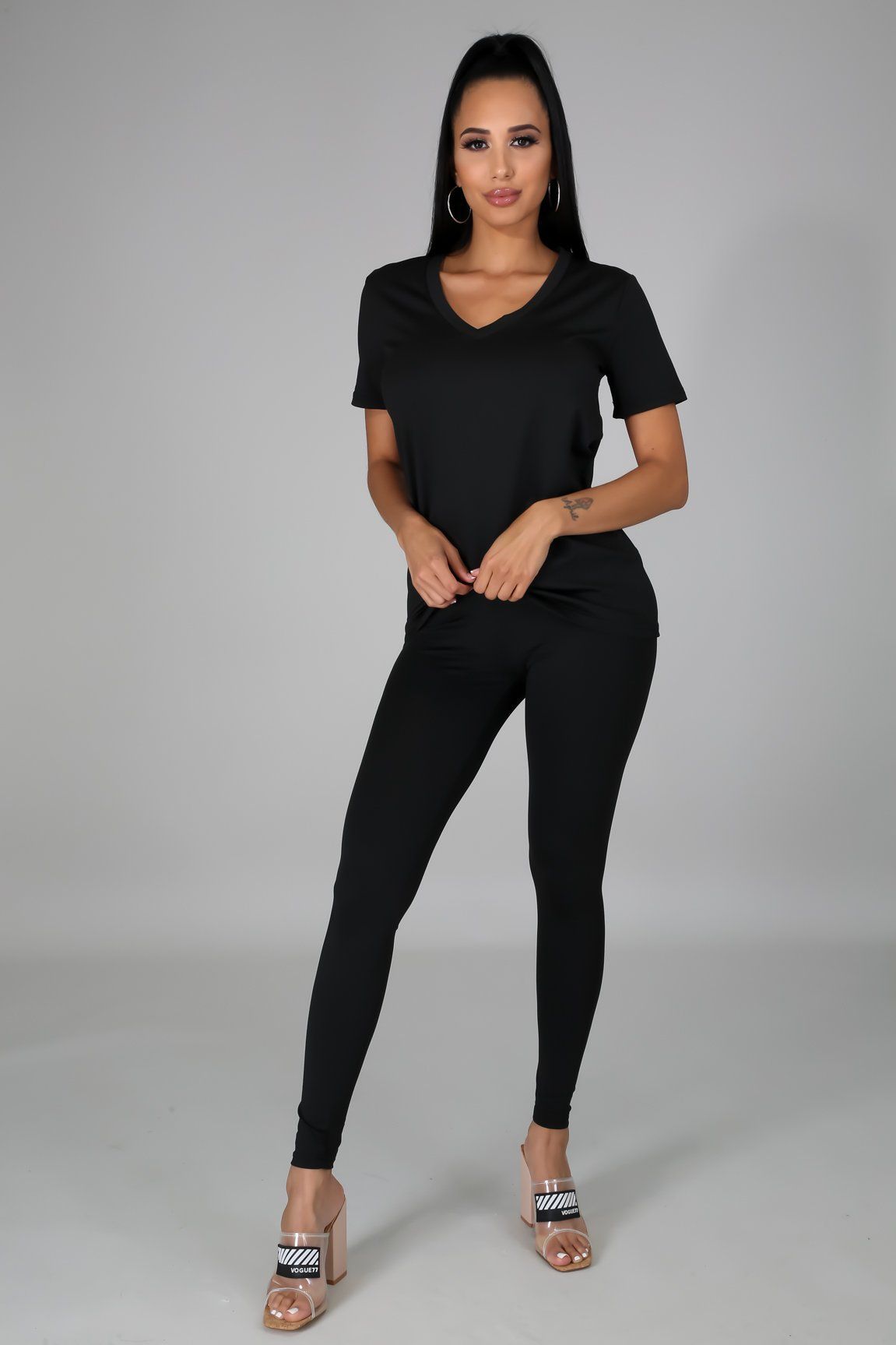Nova Black Jersey V-Neck Top & Legging Set