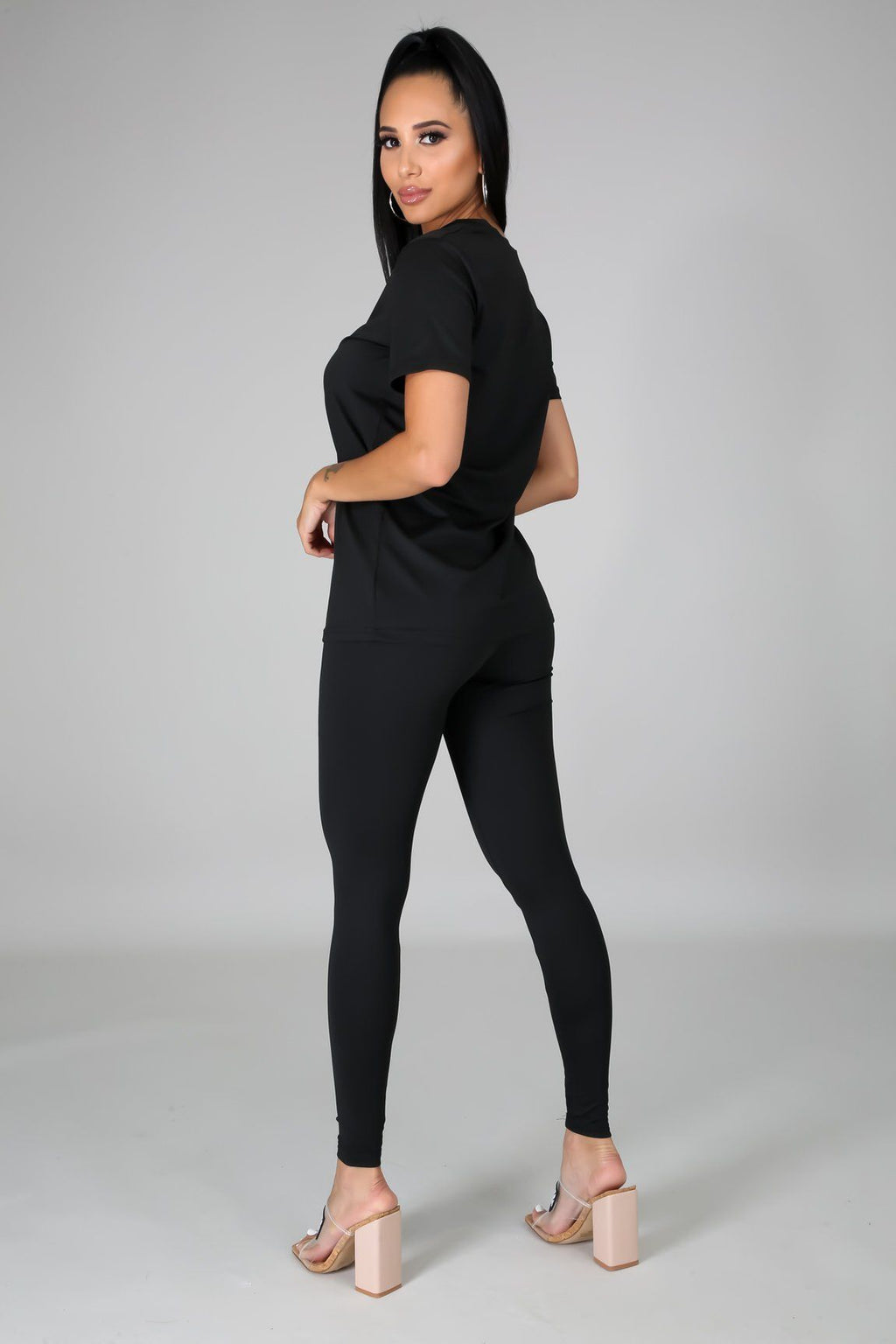 Nova Black Jersey V-Neck Top & Legging Set