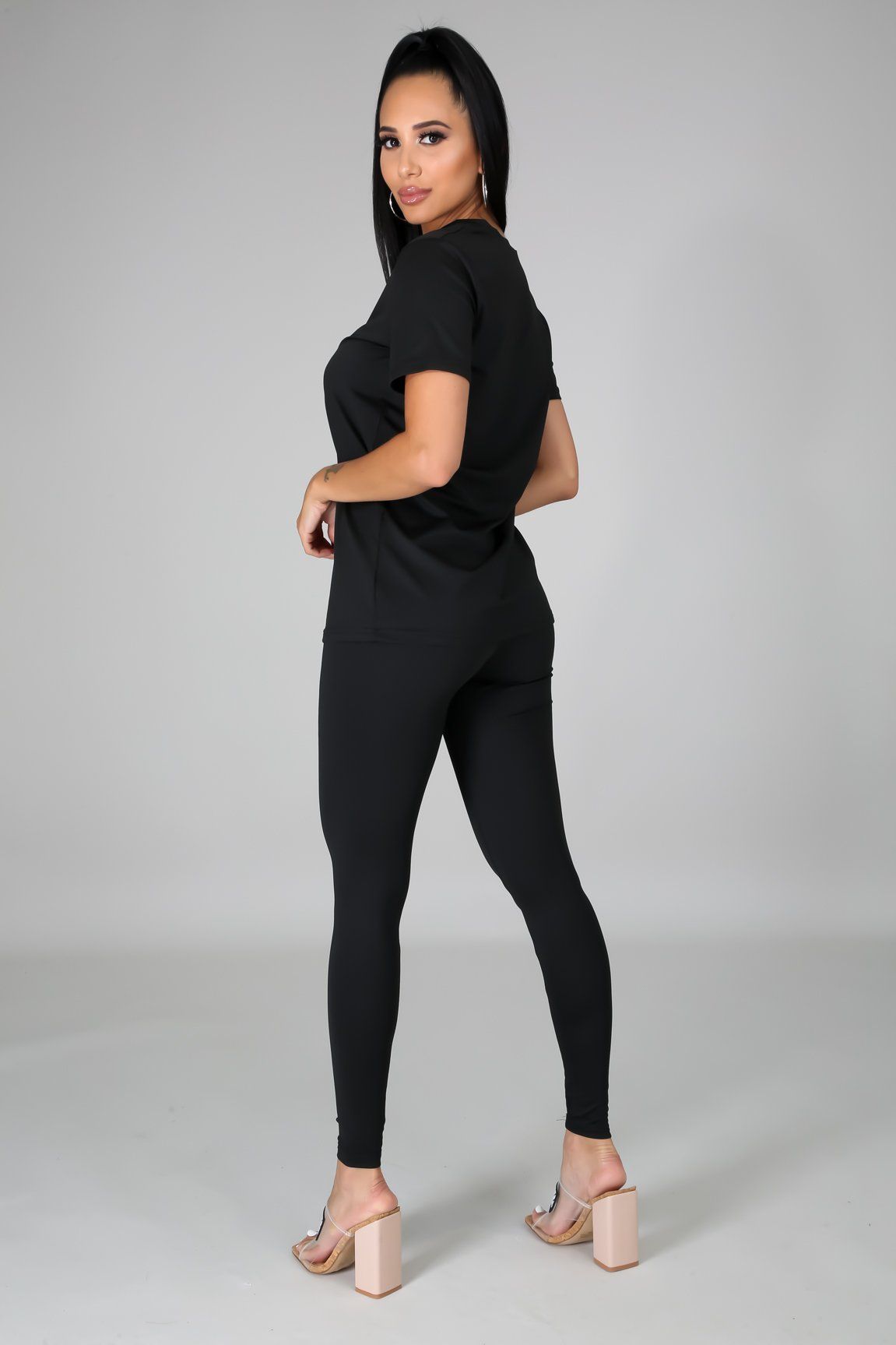 Nova Black Jersey V-Neck Top & Legging Set