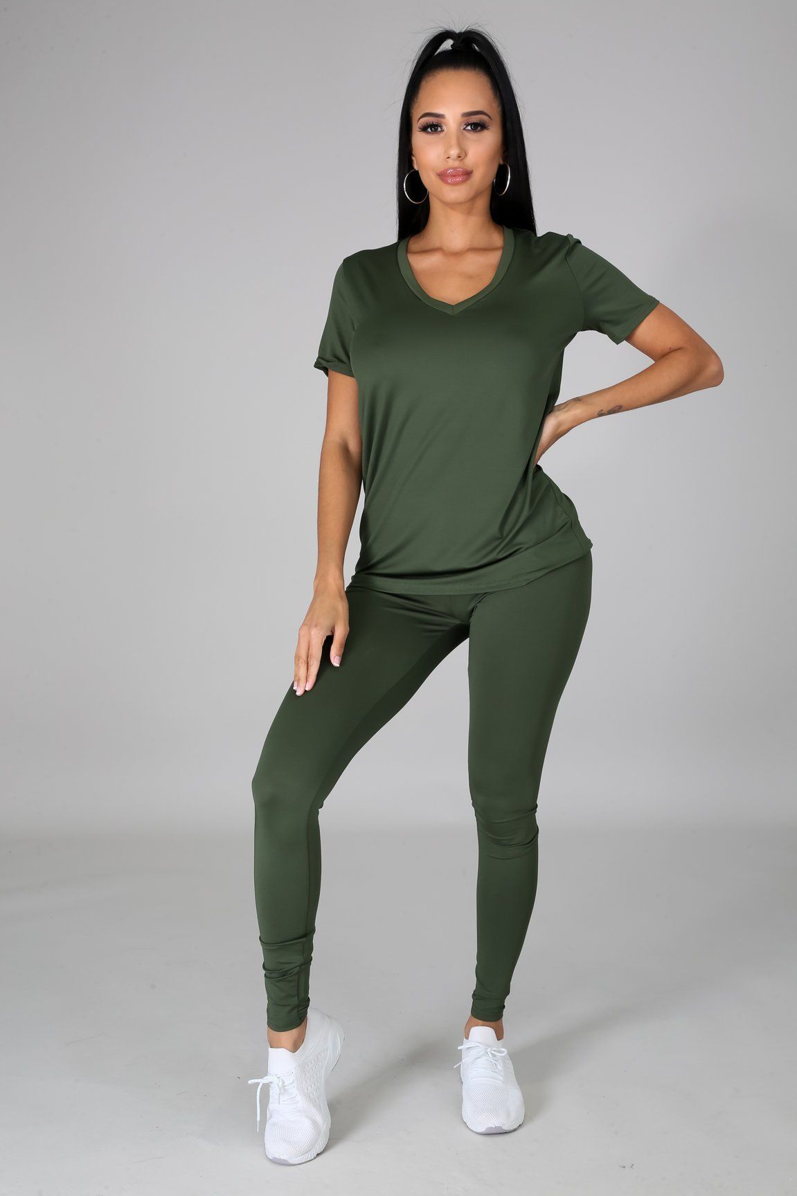Nova Olive Green Jersey V-Neck Top & Legging Set