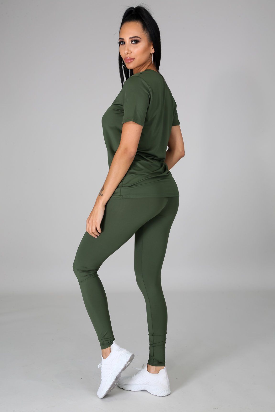 Nova Olive Green Jersey V-Neck Top & Legging Set