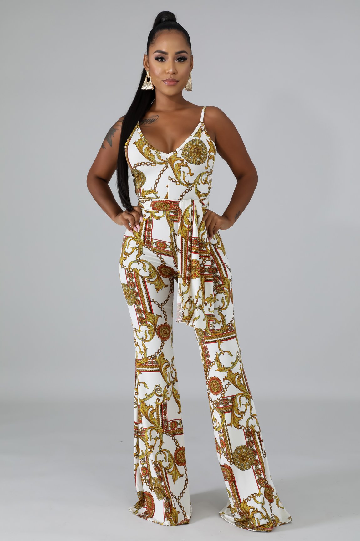 White Medallion Print Wide Leg Jumpsuit