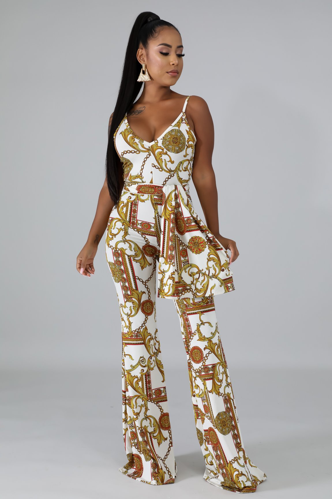 White Medallion Print Wide Leg Jumpsuit