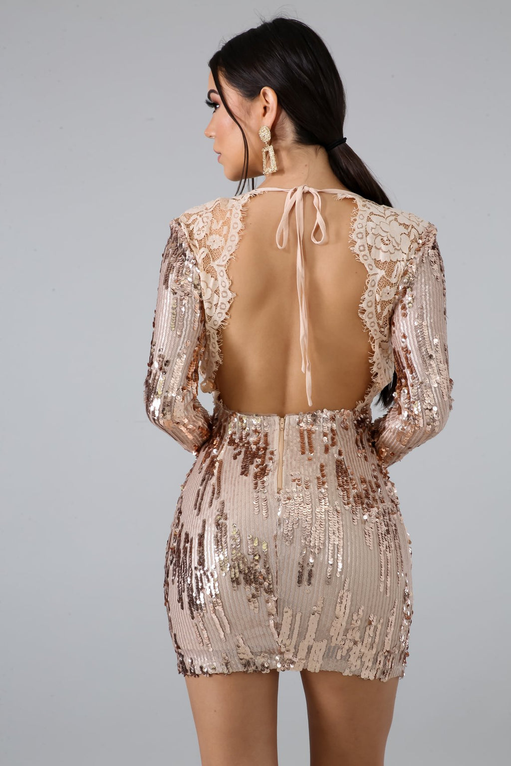 Yoli Rose Gold Sequins Lace Mini Dress