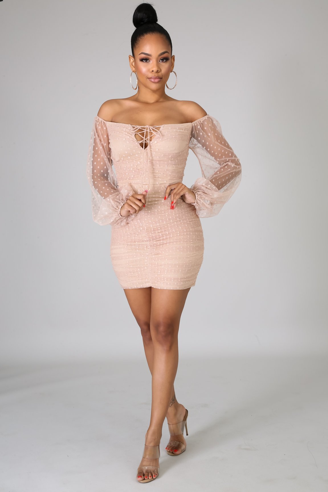 Taupe Polka Dot Scrunched Bodycon Mini Dress