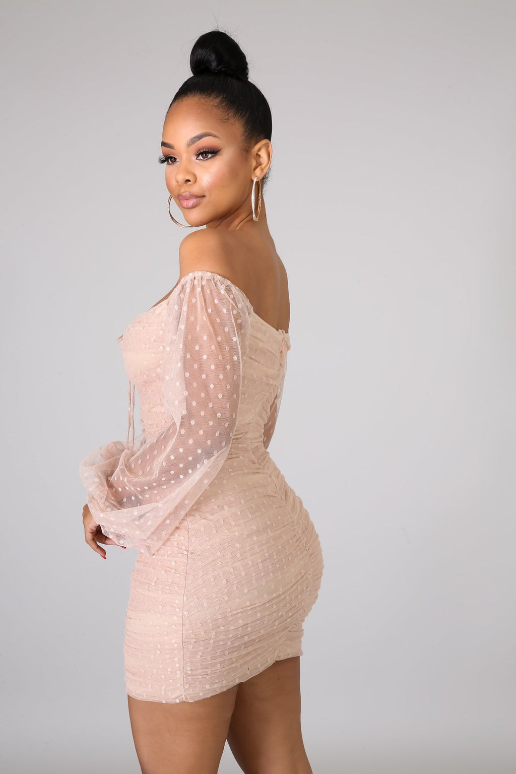 Taupe Polka Dot Scrunched Bodycon Mini Dress