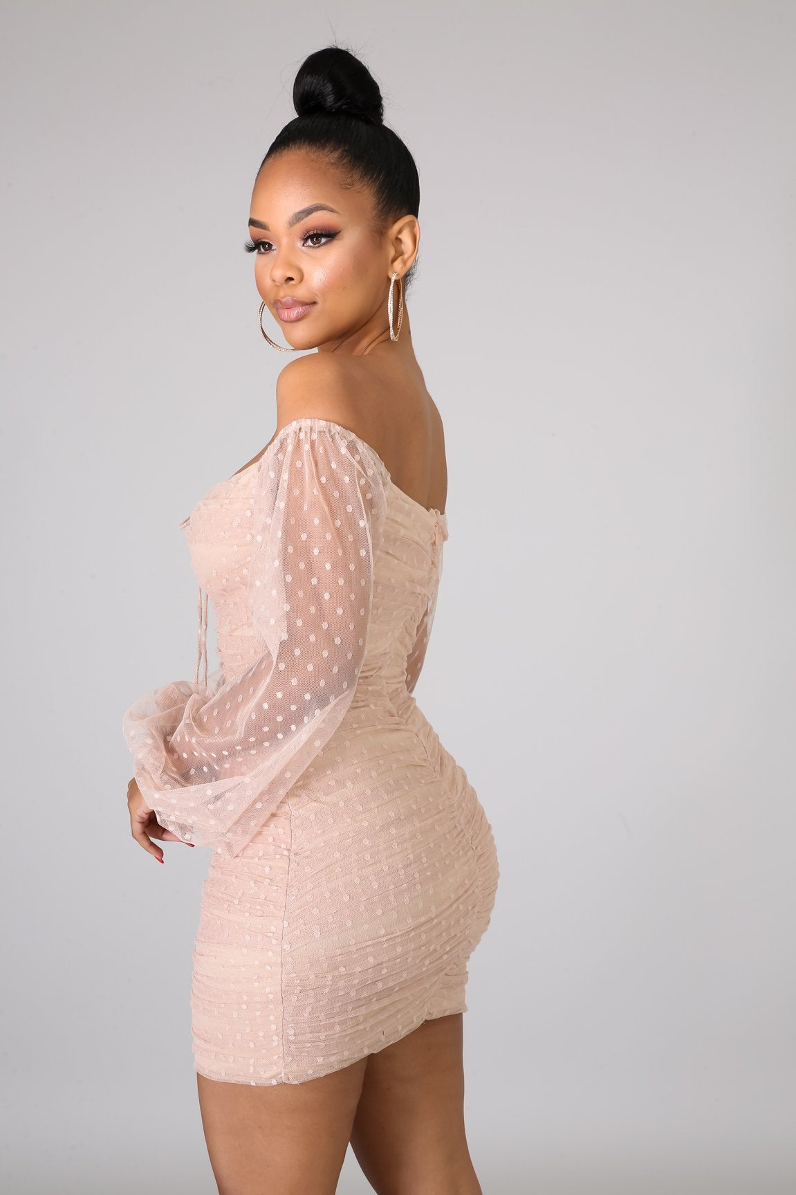 Taupe Polka Dot Scrunched Bodycon Mini Dress