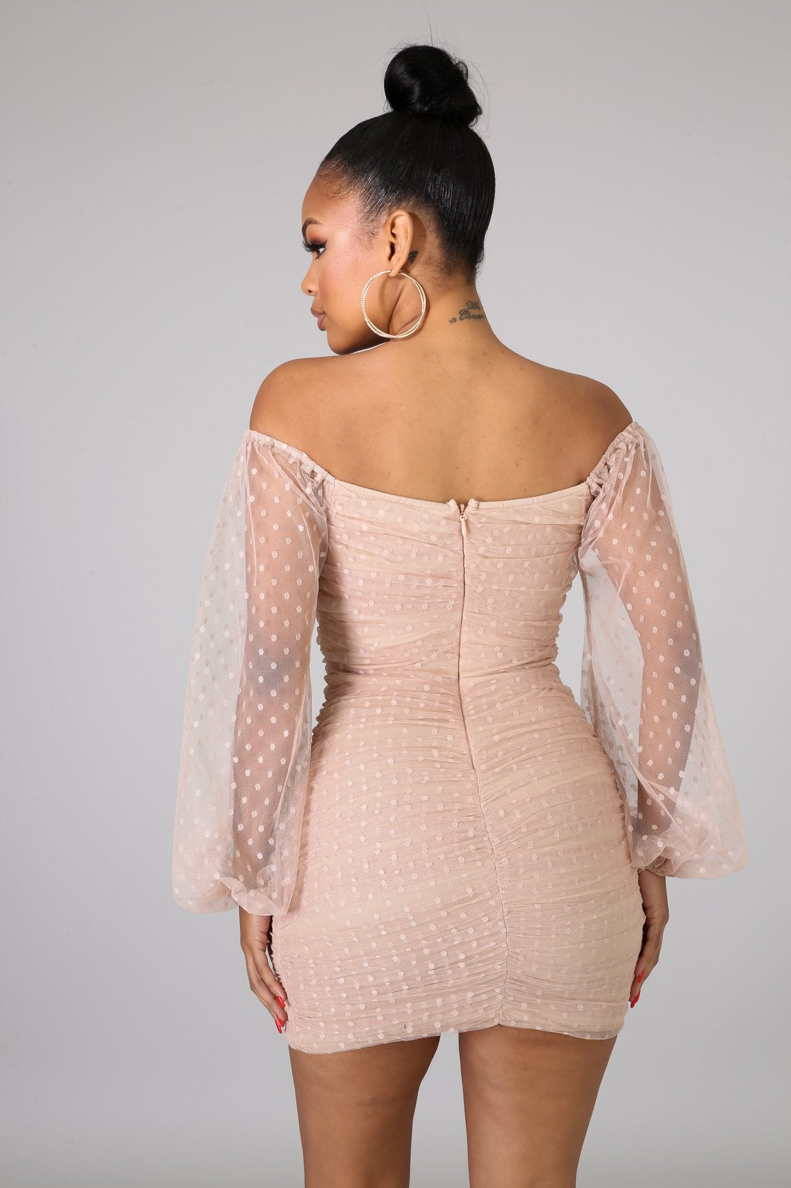 Taupe Polka Dot Scrunched Bodycon Mini Dress